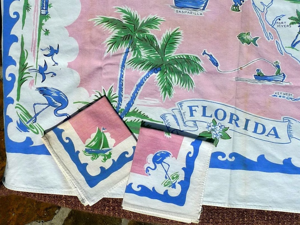 1950S Tablecloths | 1950S Linens: Printed Florida Map Tablecloth And - Vintage Florida Map Tablecloth