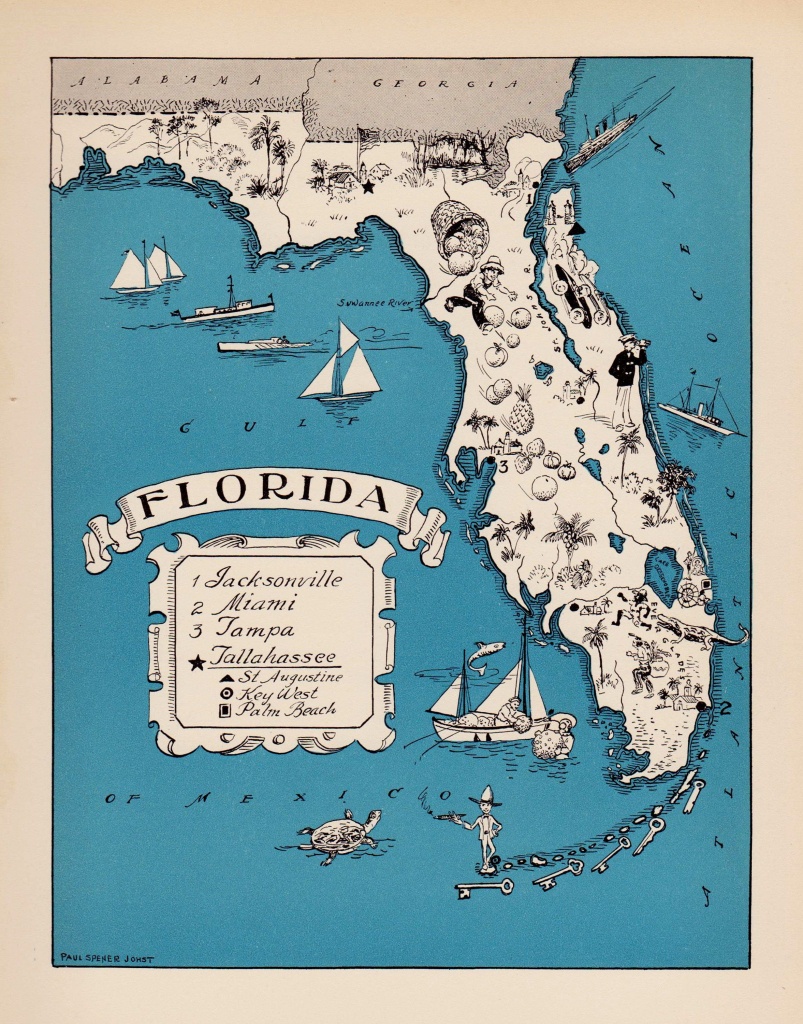 30&amp;#039;s Vintage Animated Florida State Map Of Florida Cartoon Map Print - Florida Cartoon Map