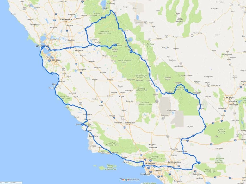 A Two Week California Road Trip Itinerary - Finding The Universe - California Road Trip Trip Planner Map
