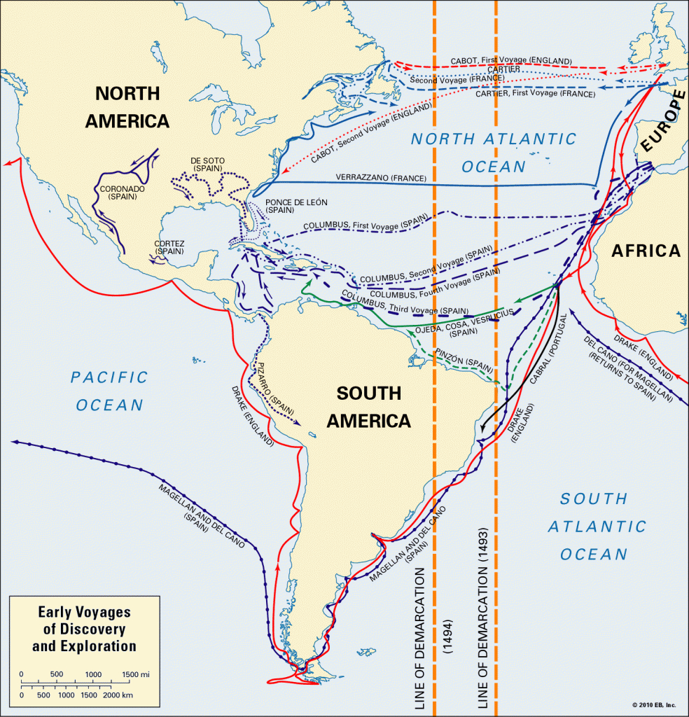 Age Of Atlantic Exploration: Map Of Early Voyages Of Discovery - Printable Map Of Christopher Columbus Voyages