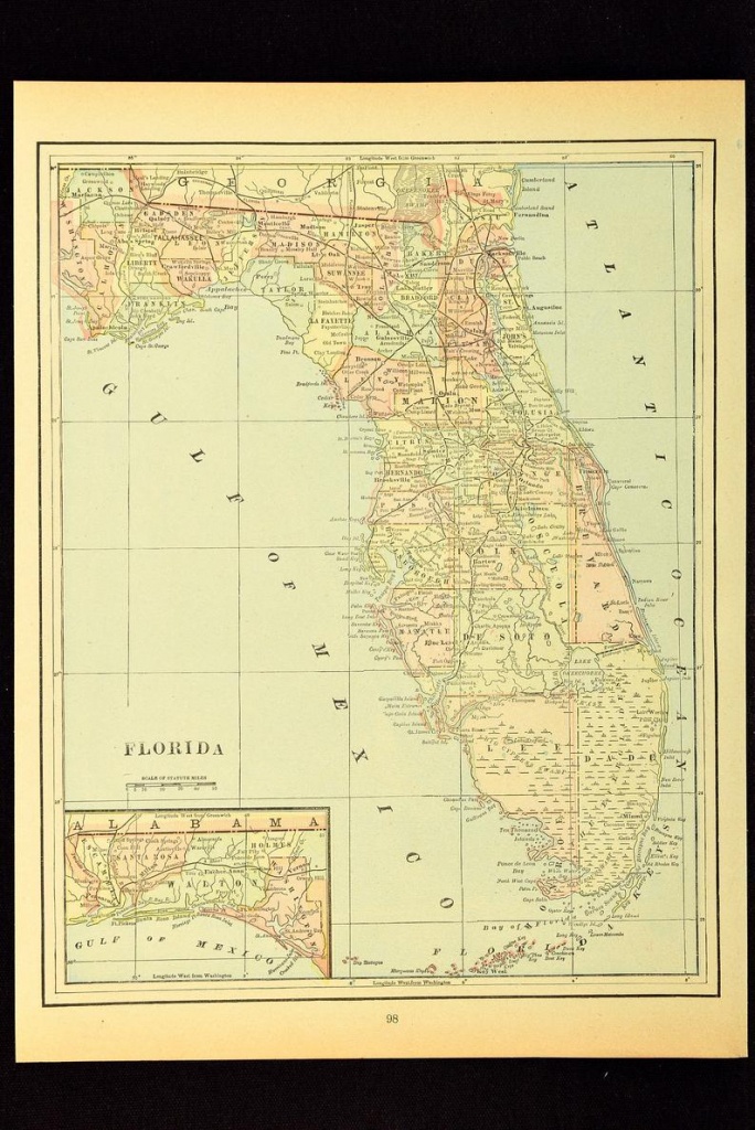 Antique Florida Map Of Florida Wall Decor Art Original Wedding | Etsy - Florida Map Wall Decor