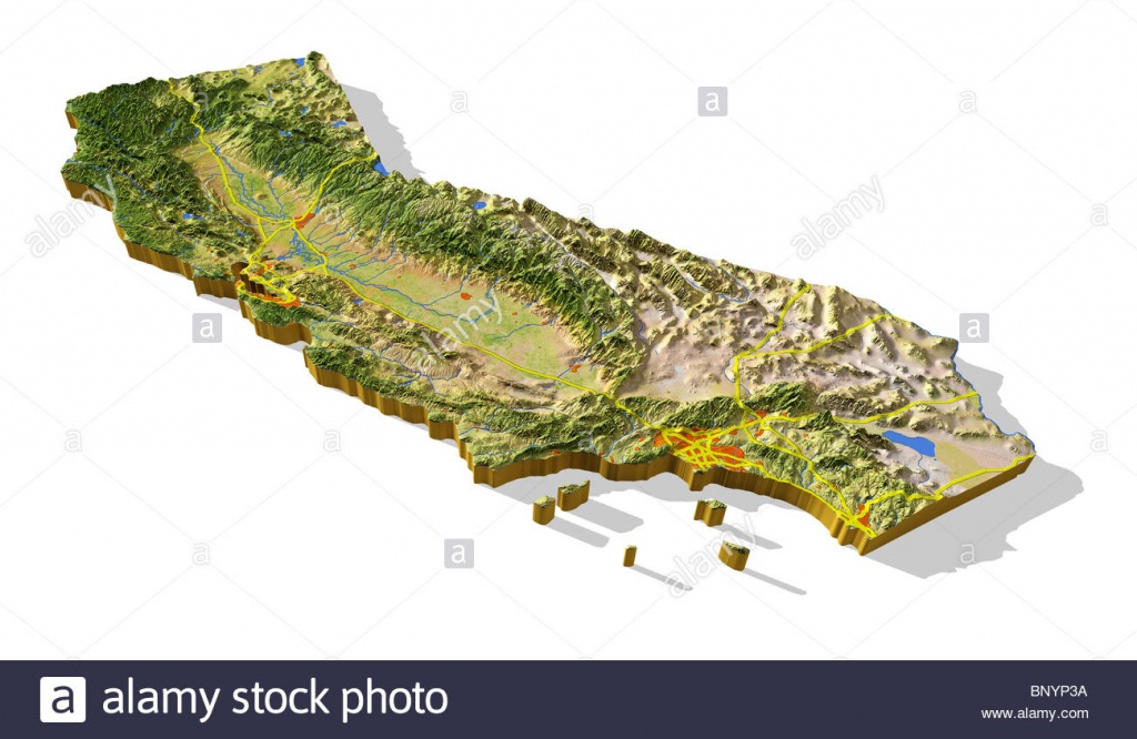 California, 3D Relief Map Cut-Out With Urban Areas And Interstate - 3D Map Of California