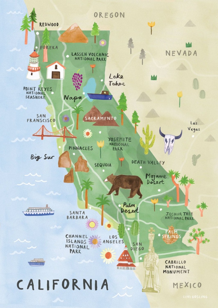 California Illustrated Map - California Print - California Map - Southern California National Parks Map