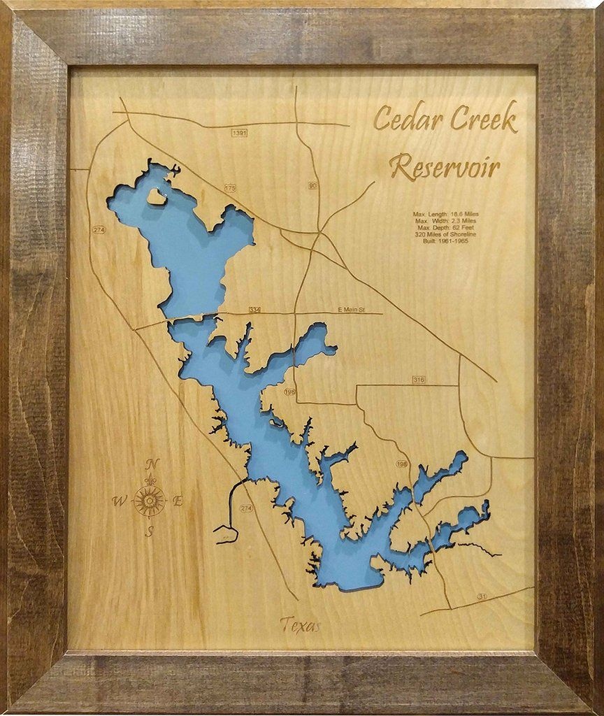 Cedar Creek Lake, Texas - Wood Laser Cut Map | Cedar Creek Reservoir - Cedar Creek Texas Map