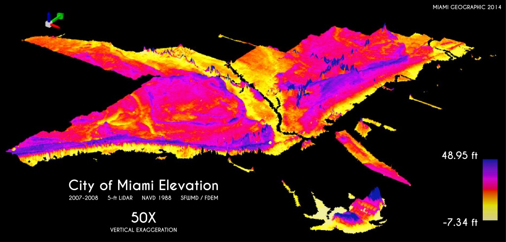 City Of Miami Elevation Exaggerated 50X | Miami Geographic - Florida Elevation Map Above Sea Level