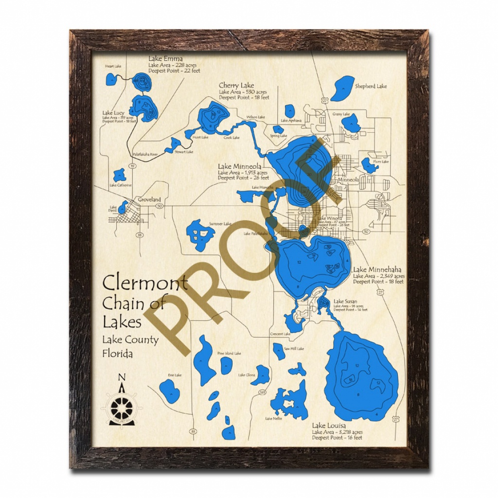 Clermont Chain Of Lakes, Fl Wood Map | 3D Topographic Wood Chart - Florida Lakes Map
