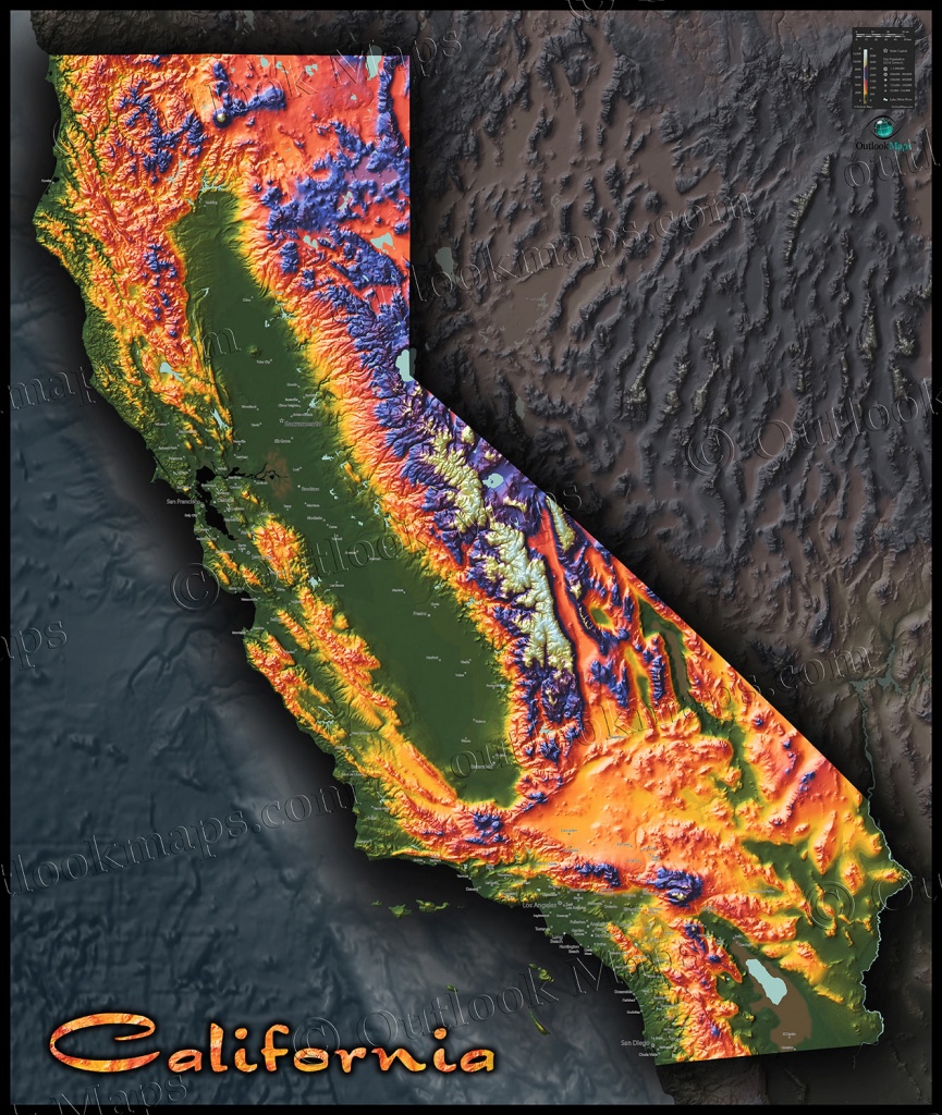 Colorful California Map | Topographical Physical Landscape - California Topographic Map Elevations