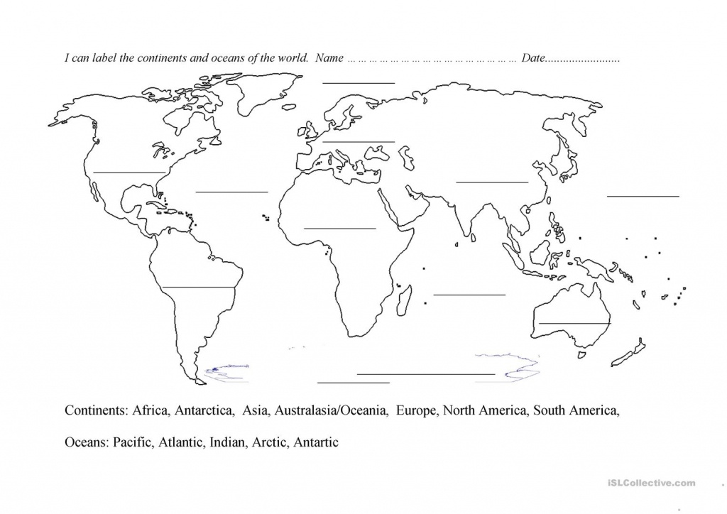 Continents And Oceans Blank Map Worksheet - Free Esl Printable - Map Of Continents And Oceans Printable