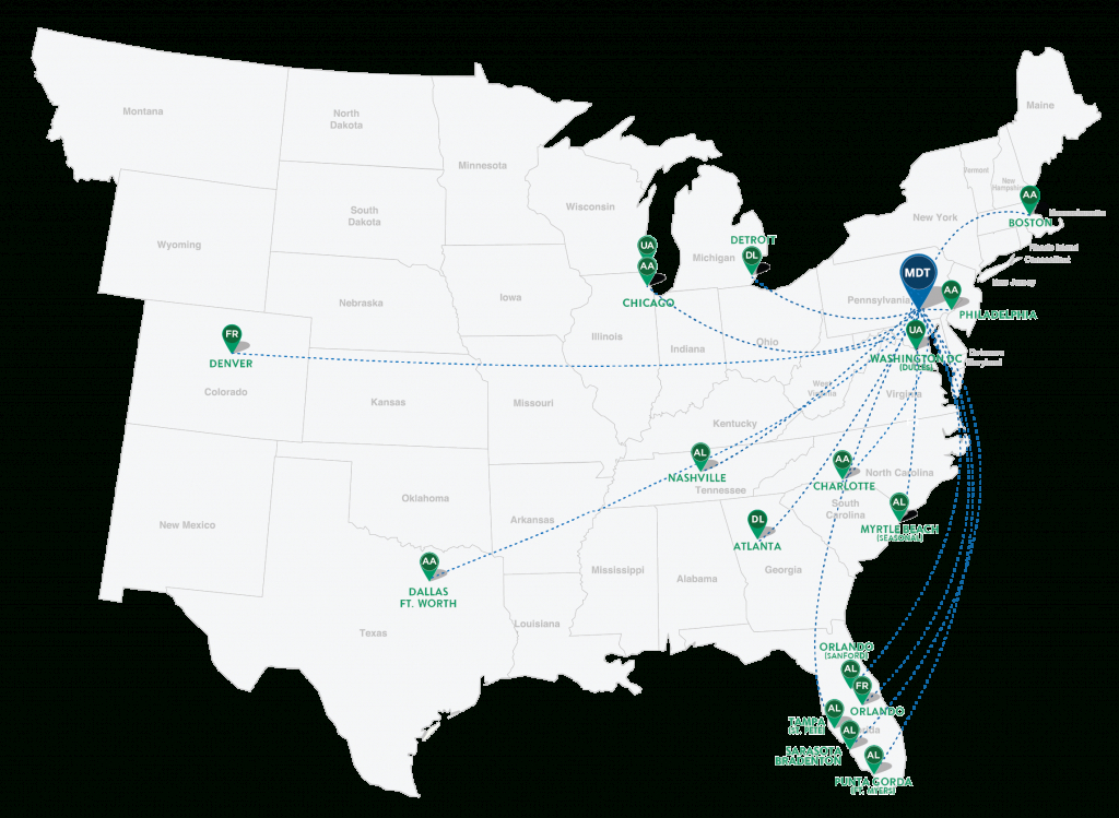 Current Nonstop Destinations From Hia | Harrisburg International Airport - Florida Airports Map