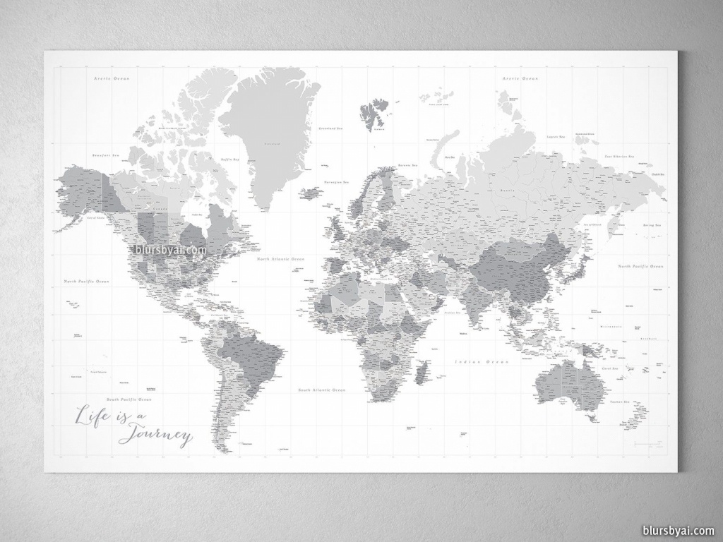Custom Large &amp;amp; Highly Detailed Gray World Map Canvas Print Or Push - Printable Map With Pins