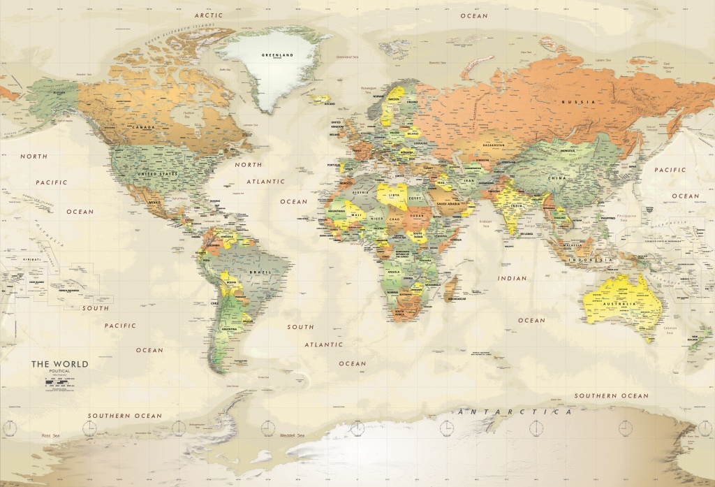 Detailed Antique Oceans World Political Map Mural - World Maps Online Printable