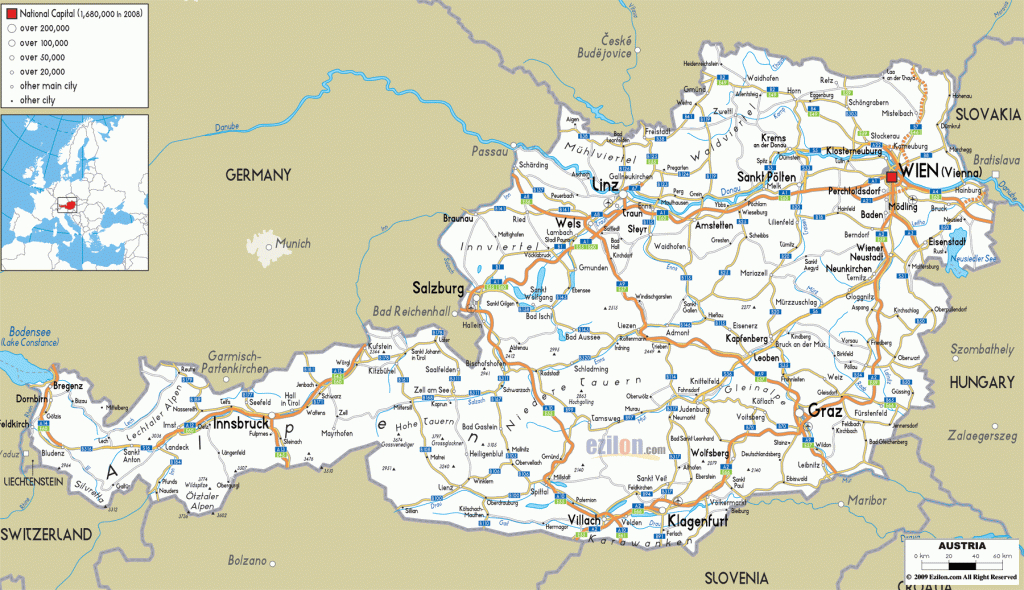 Detailed Clear Large Road Map Of Austria - Ezilon Maps - Printable Map Of Austria