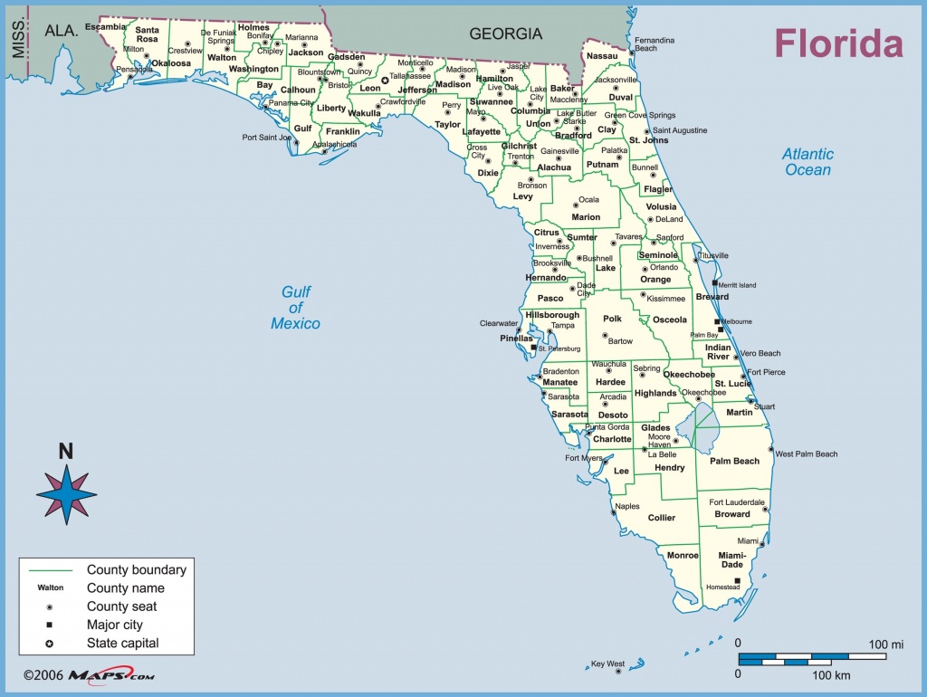 Florida County Outline Wall Map With Counties And Cities - Lgq - Florida County Map Printable