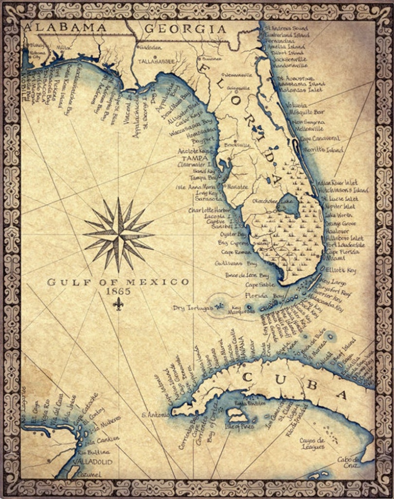 Florida Map Art Print C .1865 11 X 14 Hand Drawn | Etsy - Vintage Florida Maps For Sale