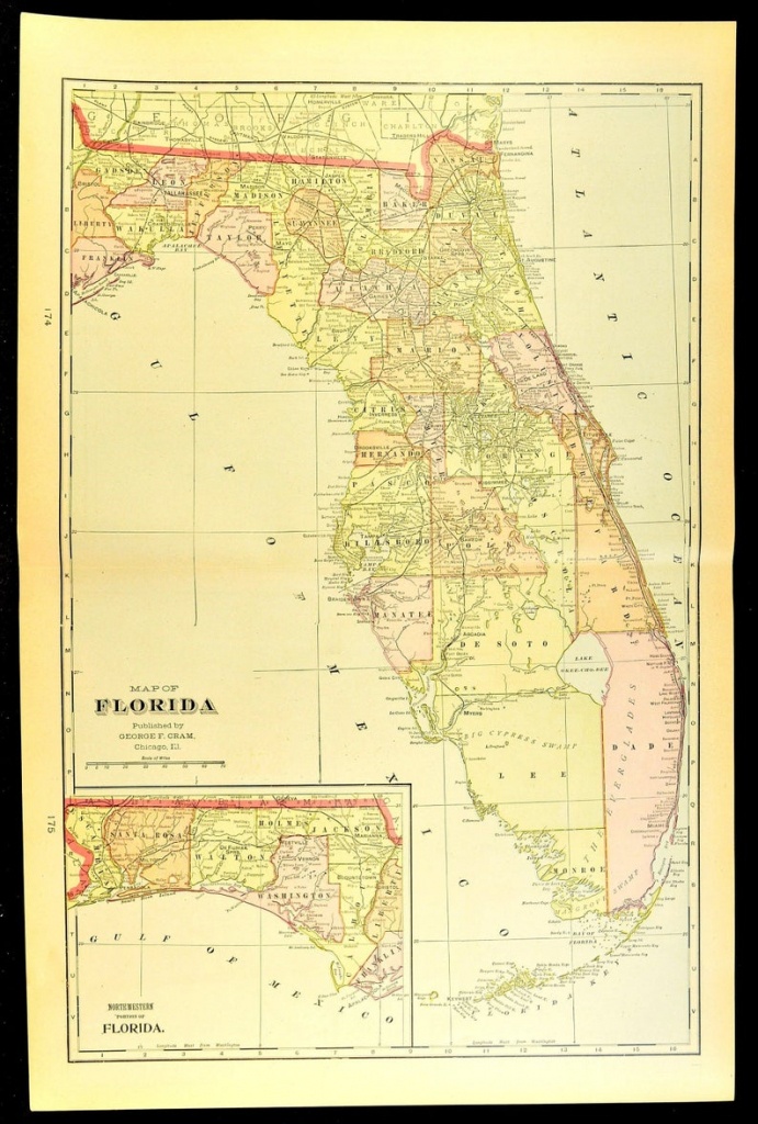 Florida Map Of Florida Wall Art Decor Antique Large Early | Etsy - Florida Map Wall Decor