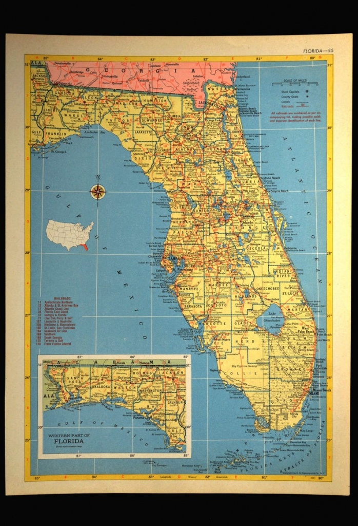 Florida Map Of Florida Wall Art Decor Vintage 1950S Original | Etsy - Florida Map Wall Art