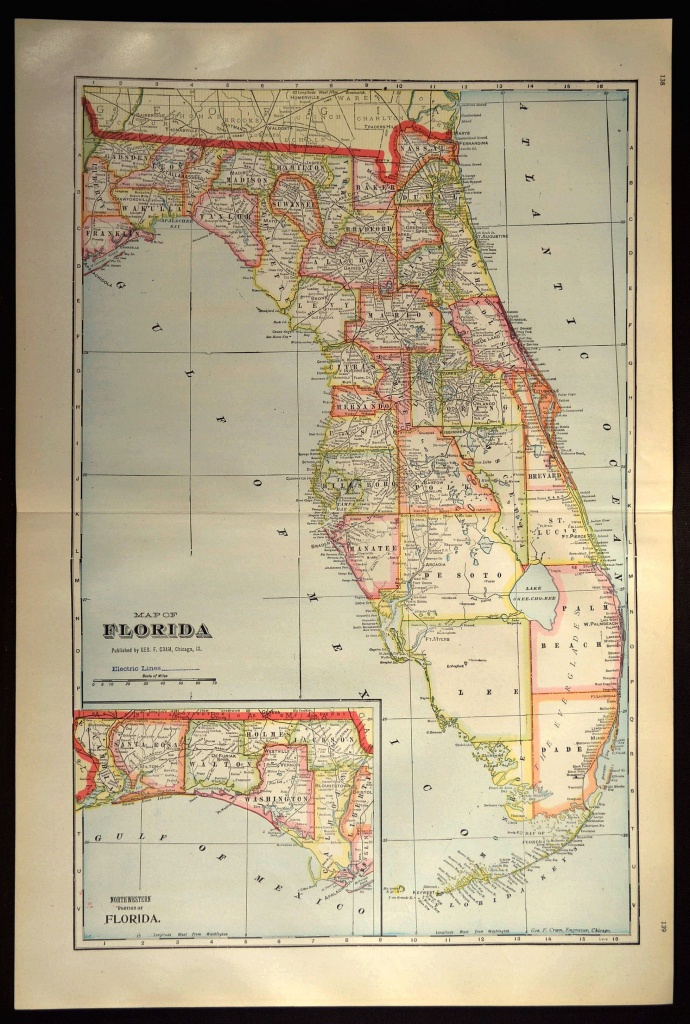 Florida Map Of Florida Wall Decor Art Large Antique Colorful County - Map Of Florida Wall Art