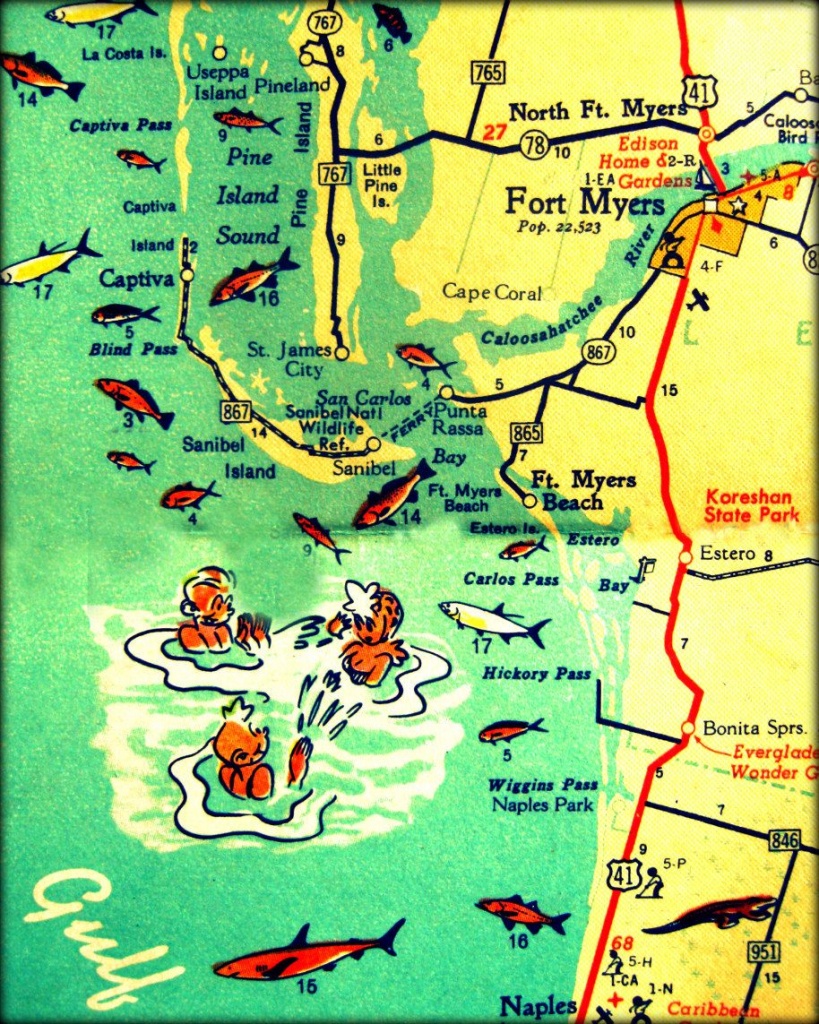 Florida Map Print 11X14 Retro Beach Photo Vintage Vacation Sanibel - Sanibel Beach Florida Map