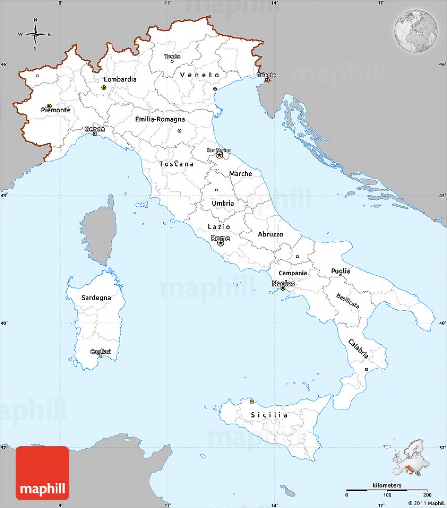 Gray Simple Map Of Italy, Single Color Outside - Printable Map Of Italy To Color