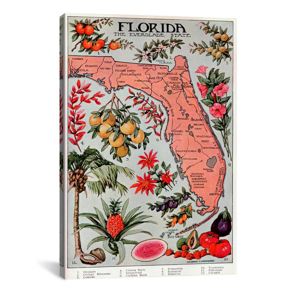 Icanvas &amp;quot;state Map Of Florida (Natural Resources)&amp;quot;vintage Poster - Vintage Florida Map Poster