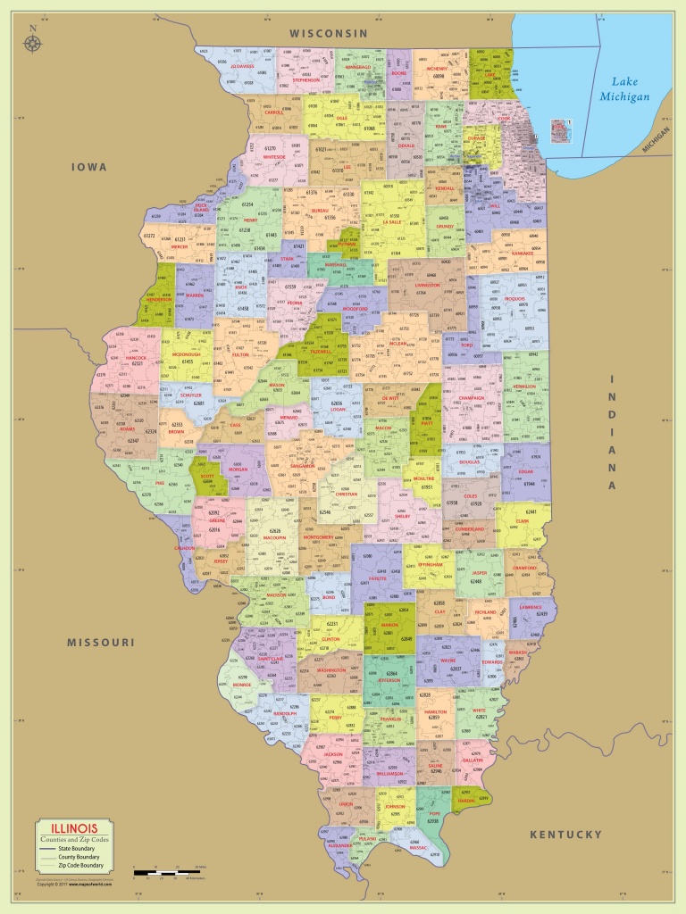 Illinois Zip Code Map With Counties (48″ W X 64″ H) | #worldmapstore - Illinois County Map Printable