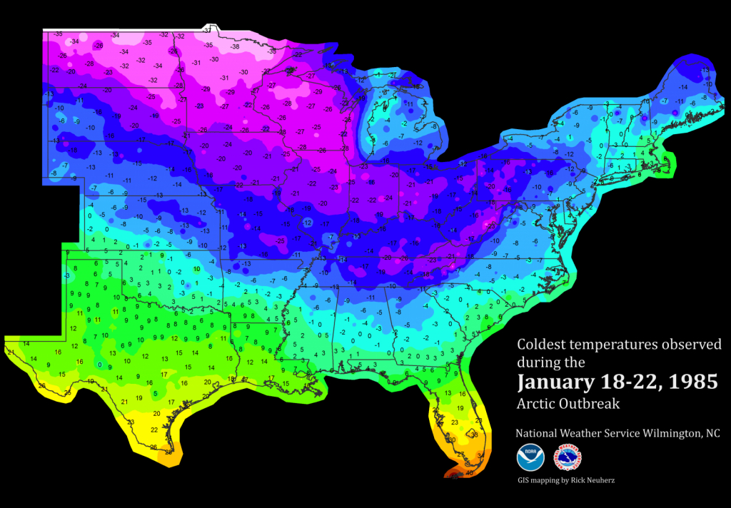 January 1985 Record-Breaking Cold - Florida Weather Map With Temperatures