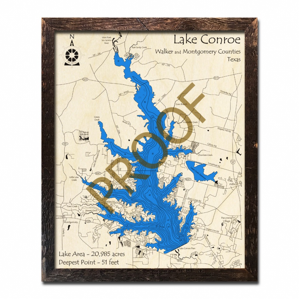 Lake Conroe, Texas 3D Wooden Map | Framed Topographic Wood Chart - Map Of Lake Conroe Texas