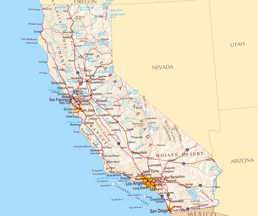 Large Road Map Of California Sate With Relief And Cities - California State Map With Cities