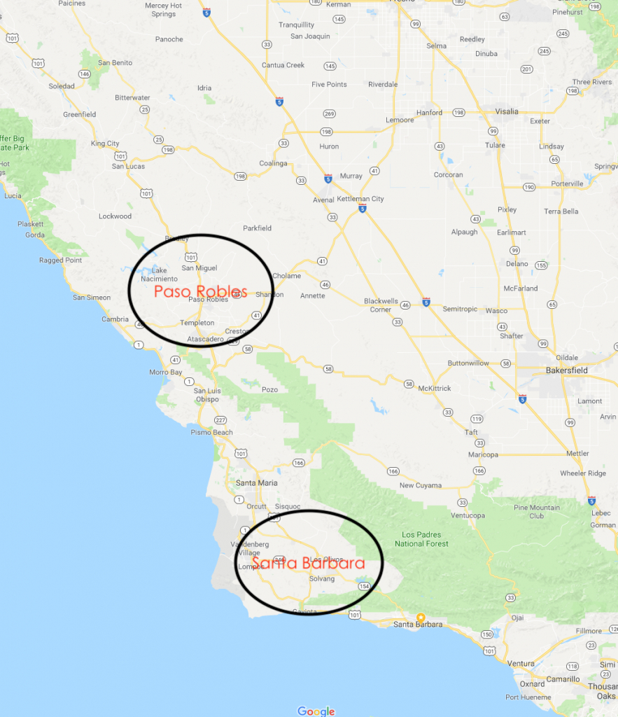 Map Central Coast Paso &amp;amp; Santa Barbara Regions - Crushed Grape - Map Of California Showing Santa Barbara