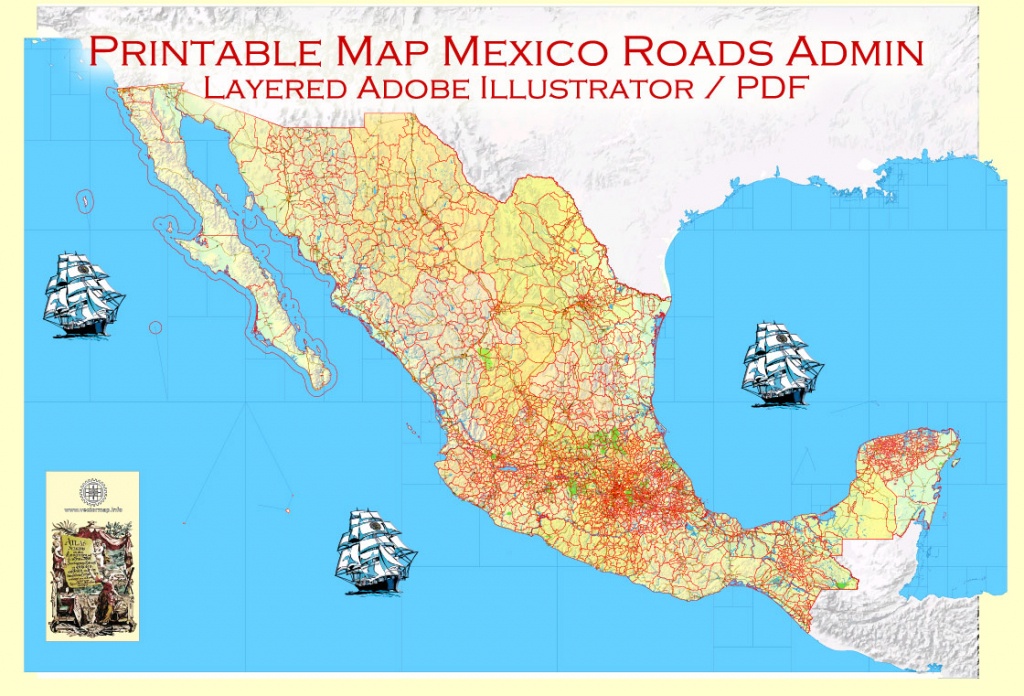 Map Mexico Adobe Illustrator Printable Topo Roads Admin Ports Airports - Printable Map Of Mexico
