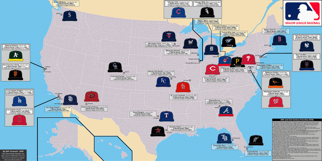 Map Of Mlb Teams, Including Historical Locations Of The Teams | My - Printable Map Of Mlb Stadiums