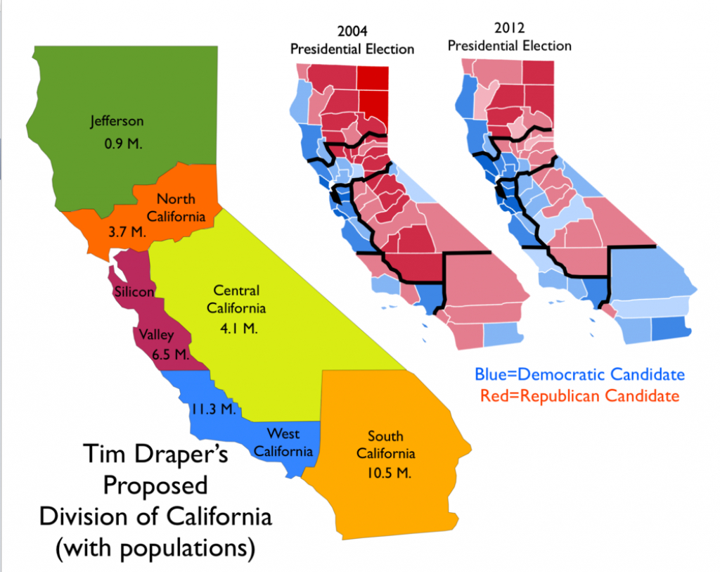 Map Of Proposal To Divide California Into Six States [1000X794 - Divide California Map