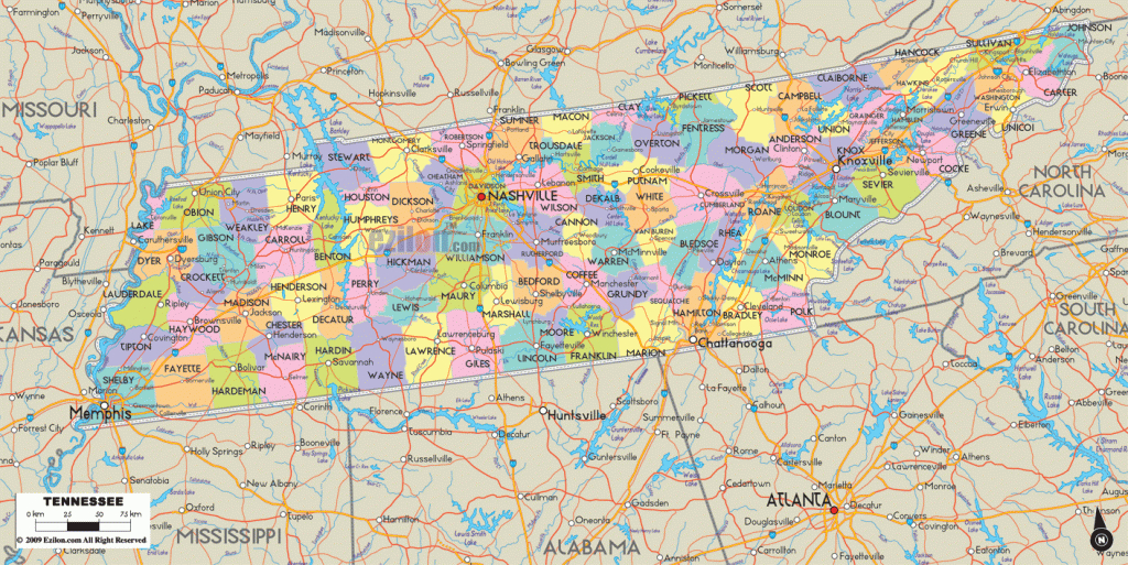 Map Of State Of Tennessee, With Outline Of The State Cities, Towns - State Map Of Tennessee Printable
