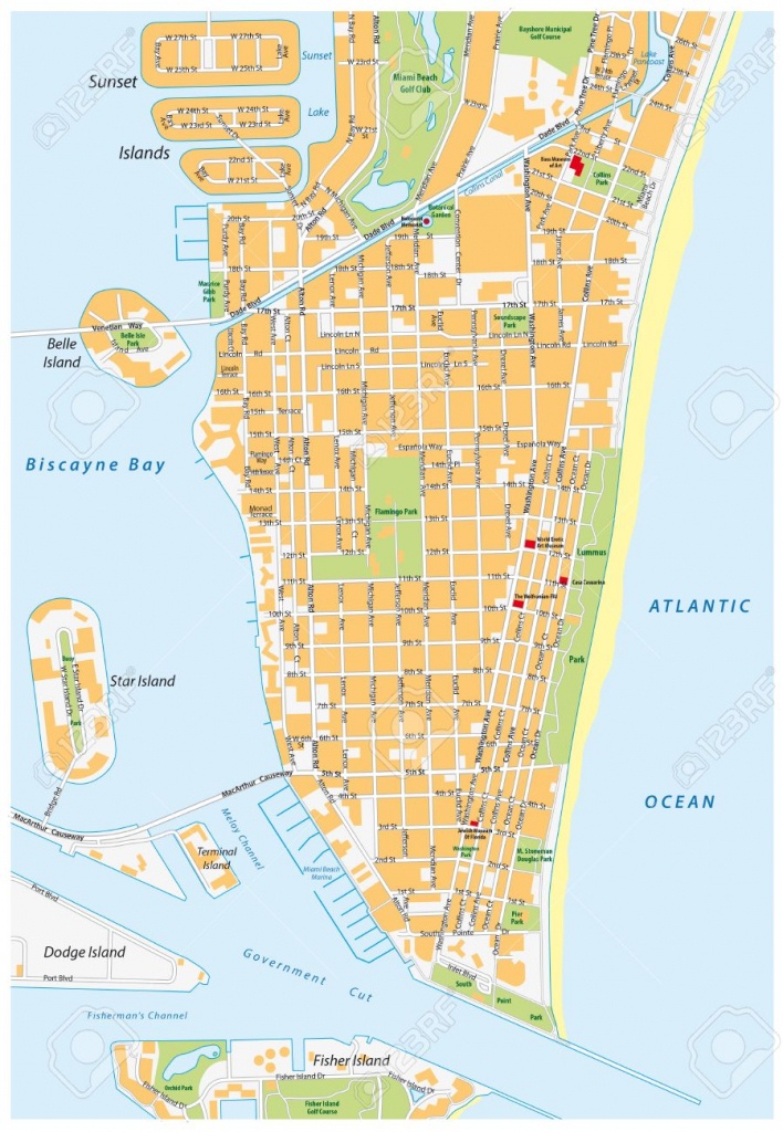 Miami Beach Detailed Vector Street Map With Names, Florida, Royalty - Street Map Of Miami Florida