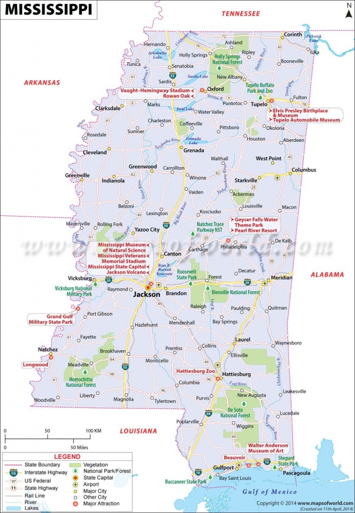 Mississippi Map Showing The Major Travel Attractions Including - Printable Map Of Ms