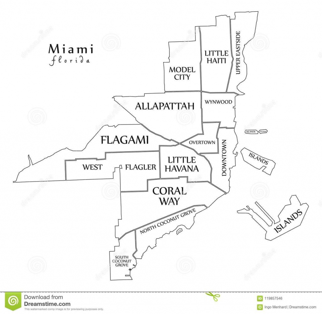 Modern City Map - Miami Florida City Of The Usa With Neighborhoods - Florida City Map Outline