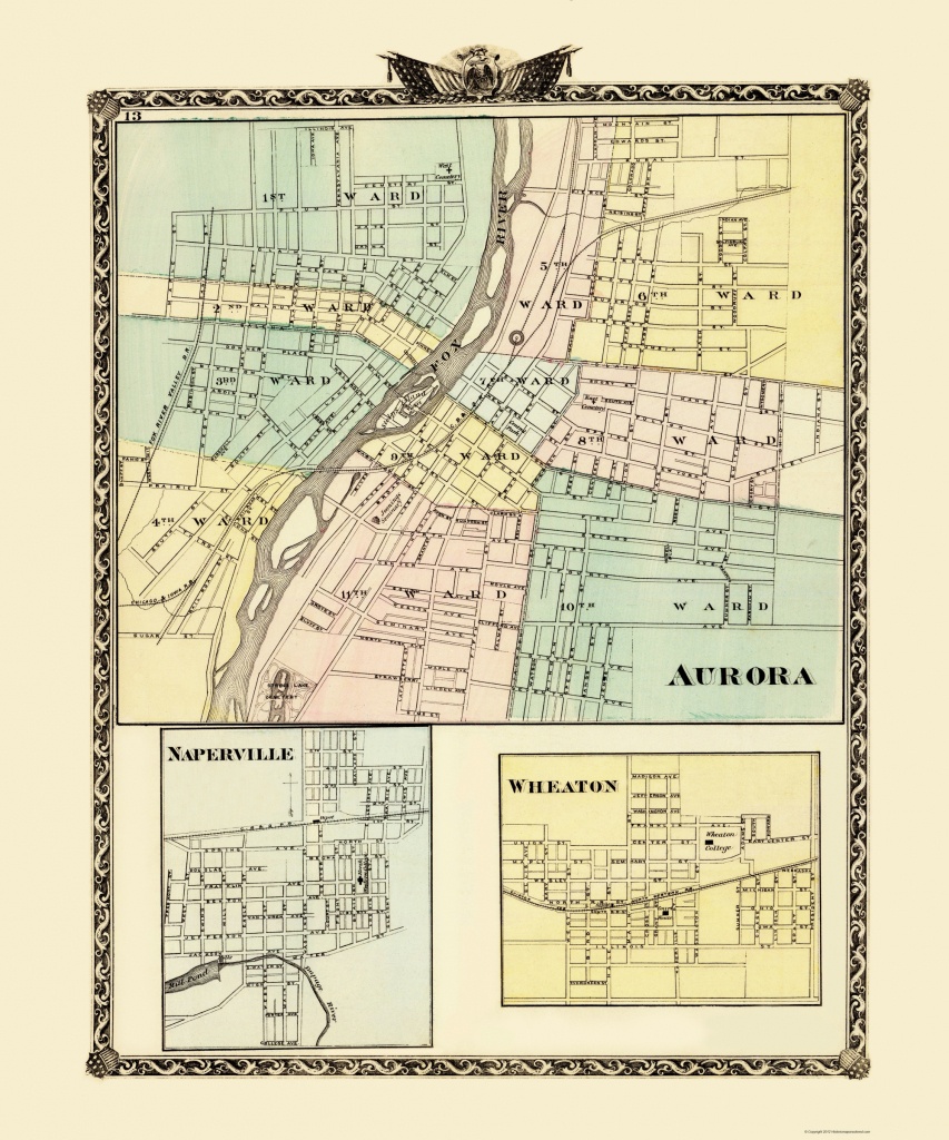 Old City Map - Aurora, Wheaton, Naperville Illinois 1870 - Printable Map Of Naperville Il