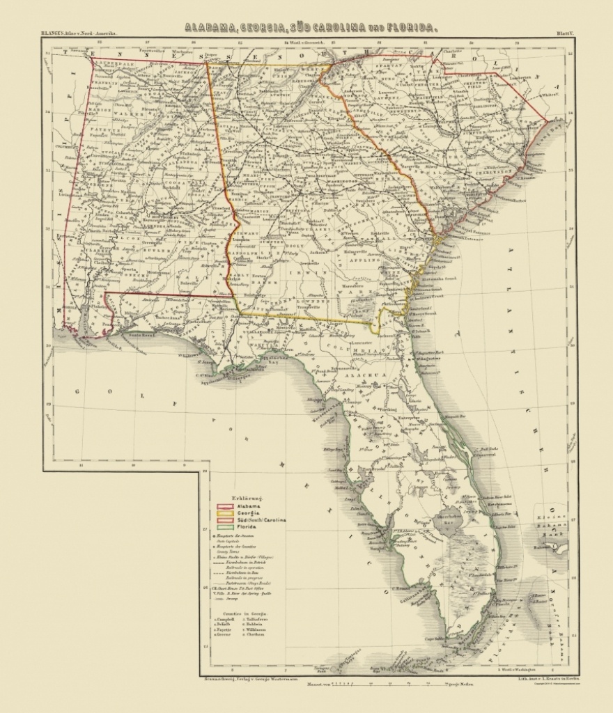Old Map - Alabama, Georgia, South Carolina, Florida 1854 - Map Of Alabama And Florida