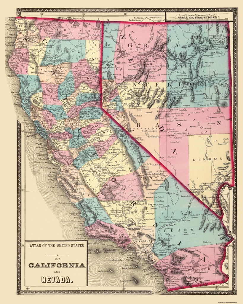 Old State Map - California, Nevada - 1872 - 23 X 28.75 - Map Of California And Nevada
