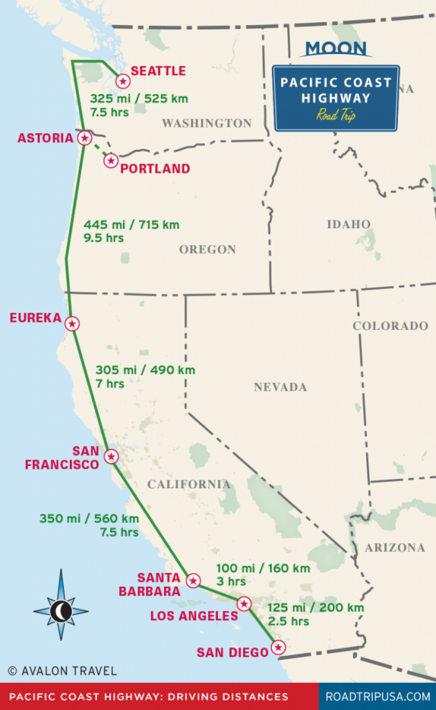 Pacific Coast Highway Driving Distance Map From Moon Pacific Coast - Driving Map Of California With Distances