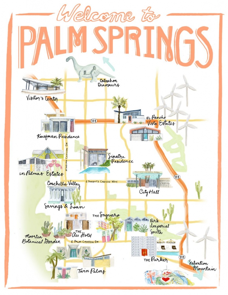 Palm Springs California Illustrated Travel Map Print Of Watercolor - Map Of California Showing Palm Springs