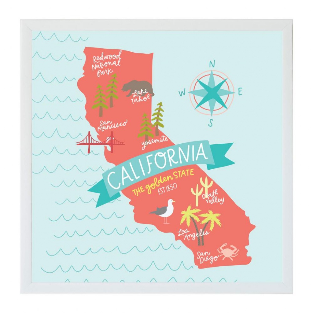 Petal Lane Alexa California Map Art Board, White Frame, Magnetic - California Map Art