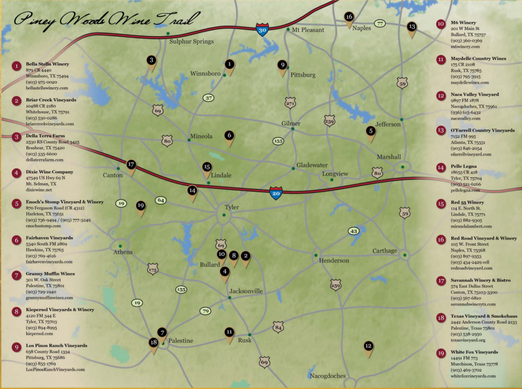 Piney Woods Wine Trail | Texas Uncorked - Texas Wine Trail Map