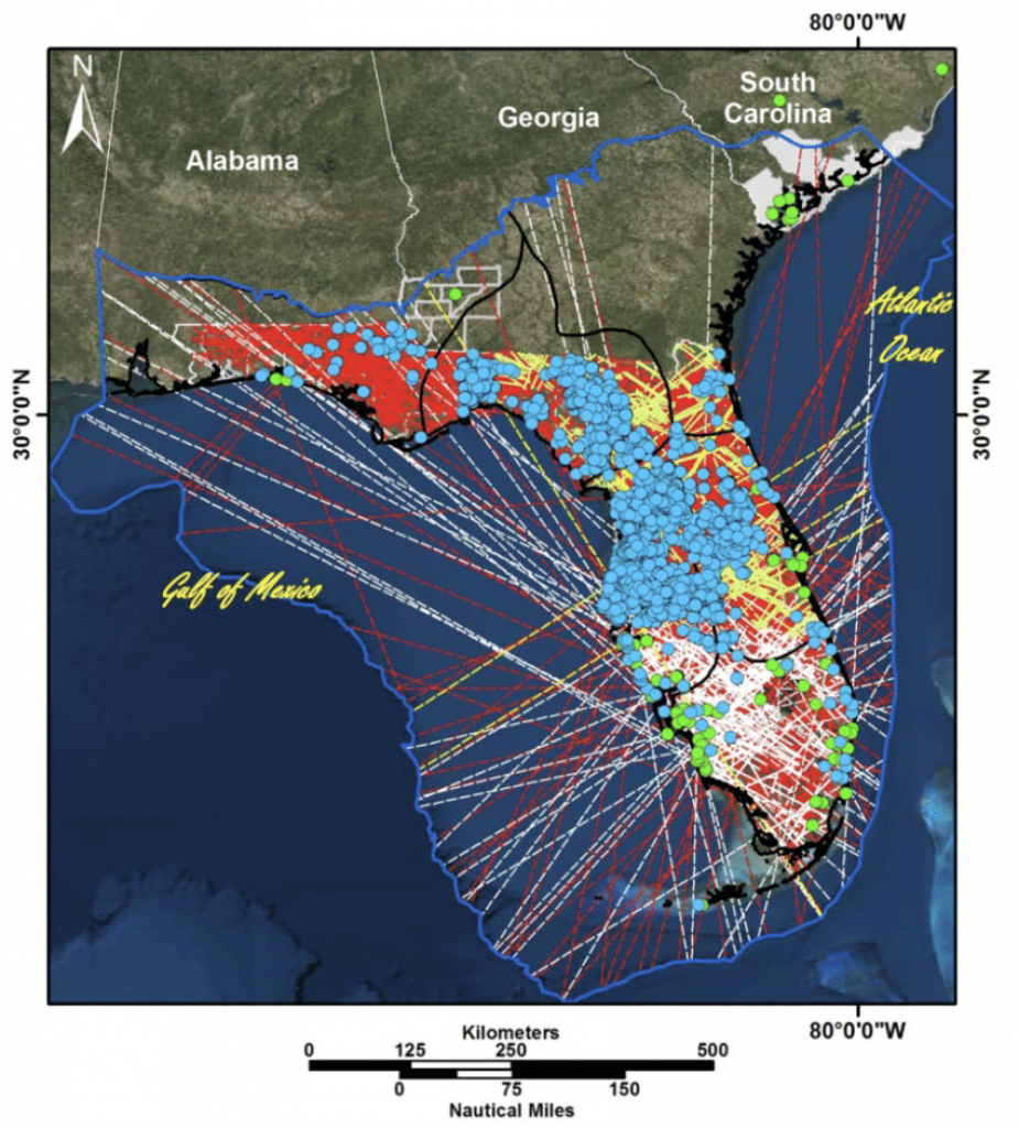 Proximity Of Modern Sinkholes In Florida (Blue Circles) And - Florida Sinkhole Map