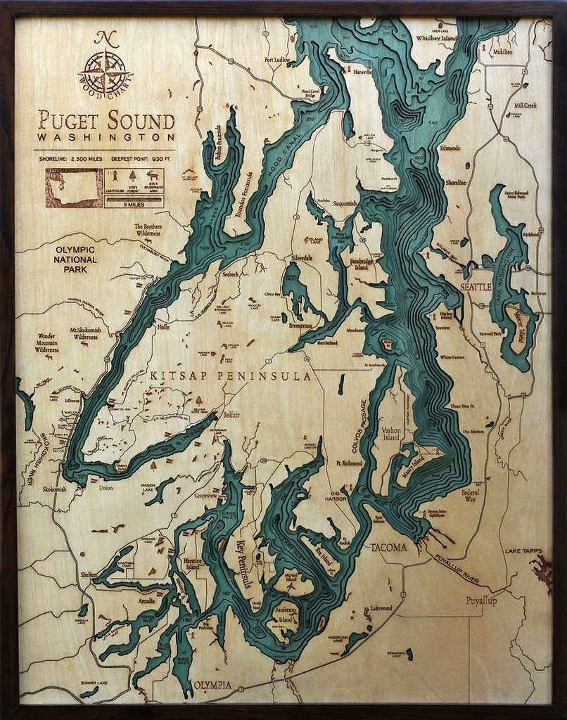 Puget Sound Bathymetric Wood Chart | Books Maps Type Graphics - Vashon Island Map Printable