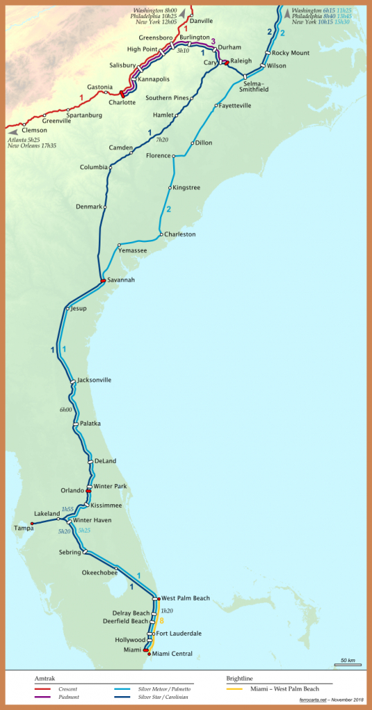 Railway Maps Of The United States | Carolinas And Florida - Brightline Florida Map