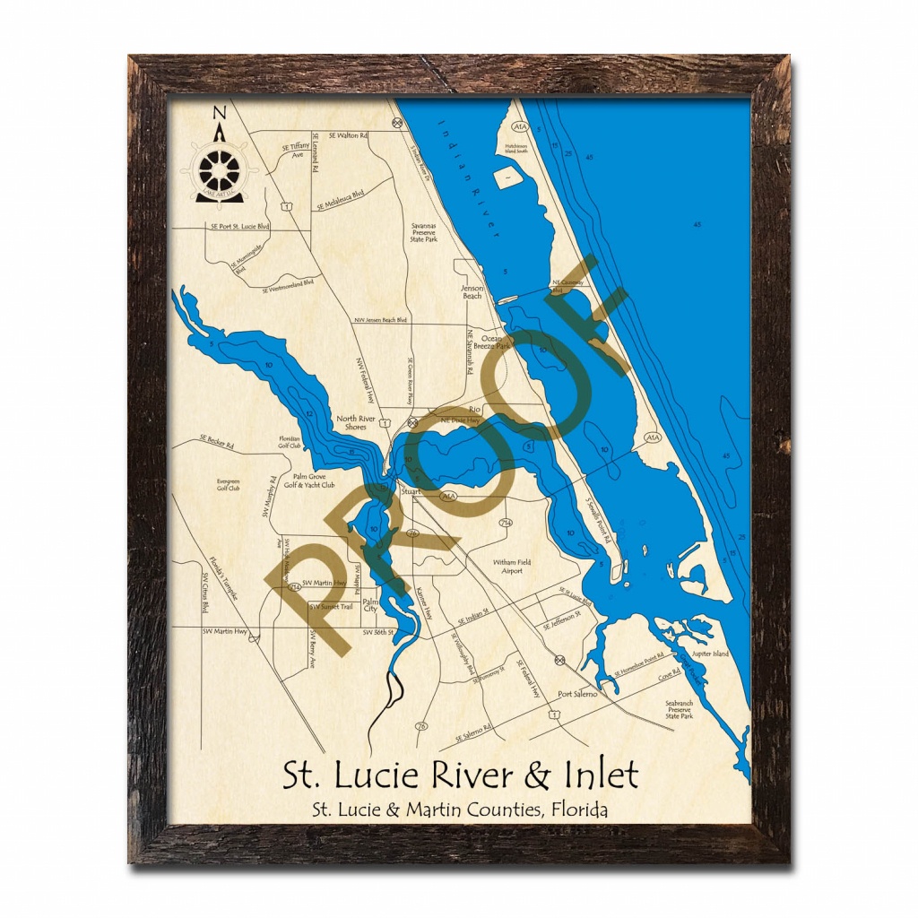 Saint Lucie River And Inlet, Fl Nautical Wood Maps - Hutchinson Florida Map