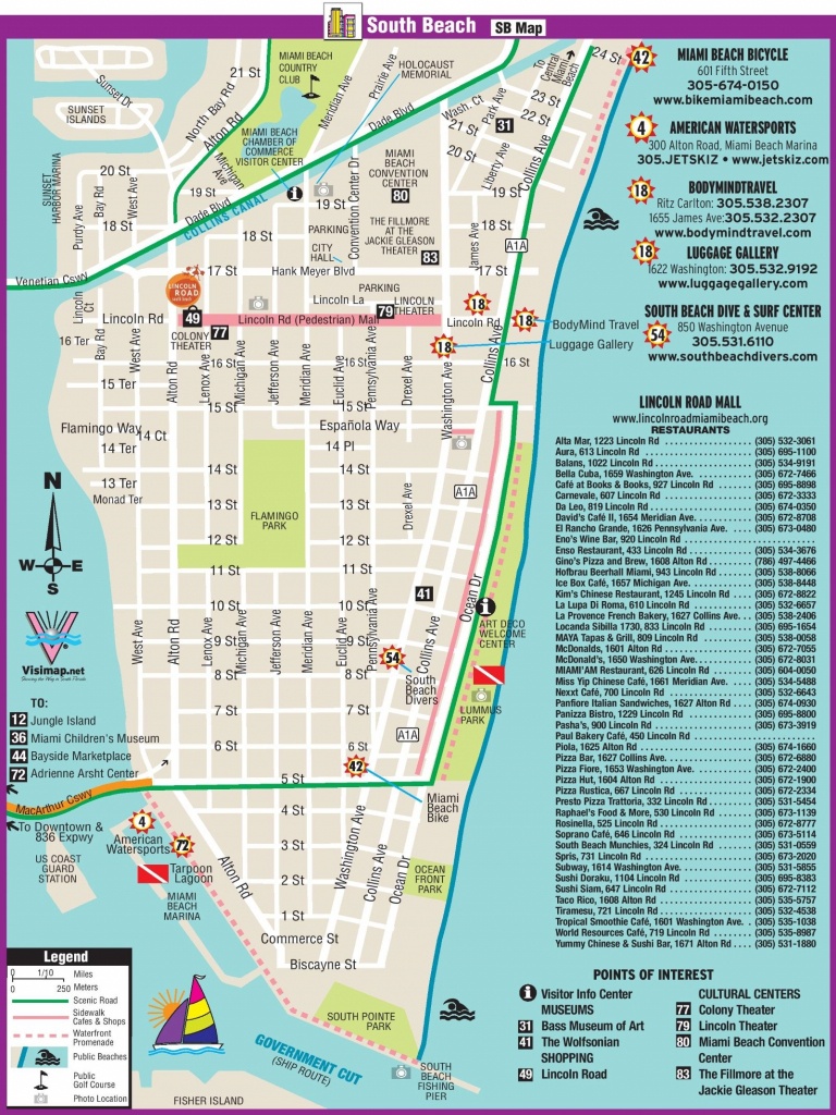 South Beach Restaurant And Sightseeing Map | Miami | South Beach - Map Of South Beach Miami Florida
