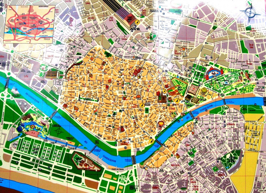 Streets Map Of Seville With Town Sights - Spain | Sevilla | Seville - Seville Tourist Map Printable