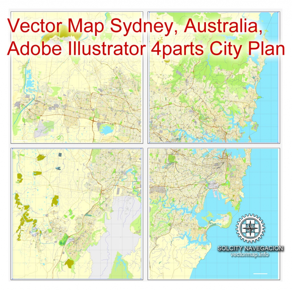 Sydney, Australia In Adobe Pdf, Printable Vector Street 4 Parts City - Printable Street Map Of Port Macquarie